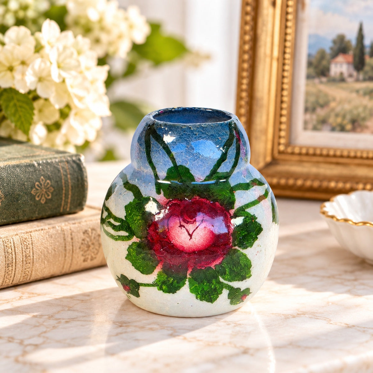 Vintage Hand Painted Floral Art Pottery Vase Crazed Glaze Roses 3.5"