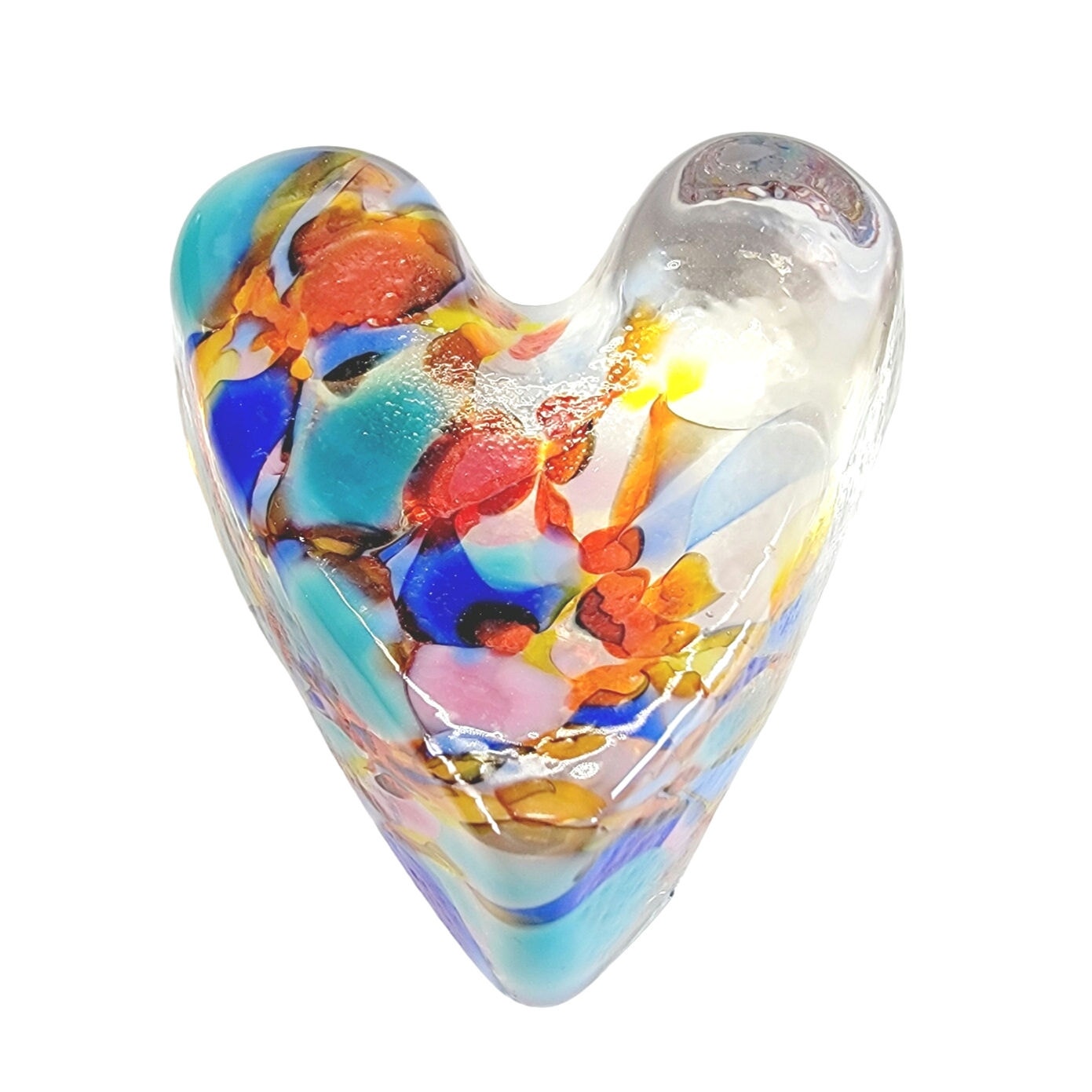 Small Hand Blown Art Glass Heart Paperweight, Applied Rainbow Colors