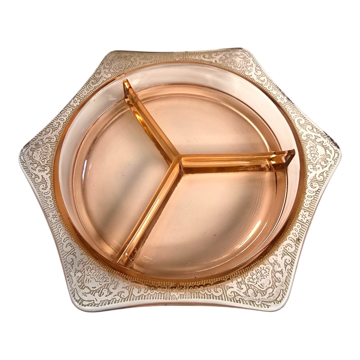 Pink Depression Glass Divided Relish Dish with Gold Decorative Border