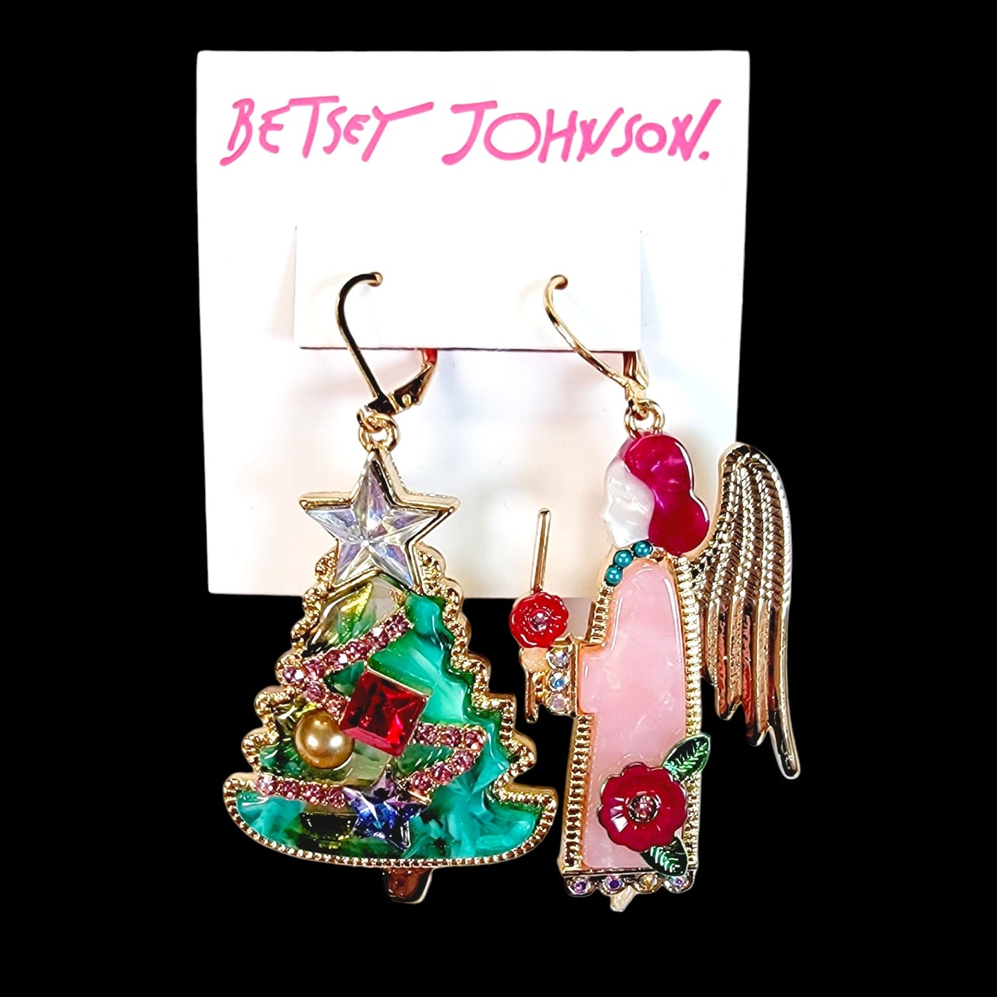 New Betsey Johnson Feliz Navidad Tree & Angel Mismatch Drop Earrings