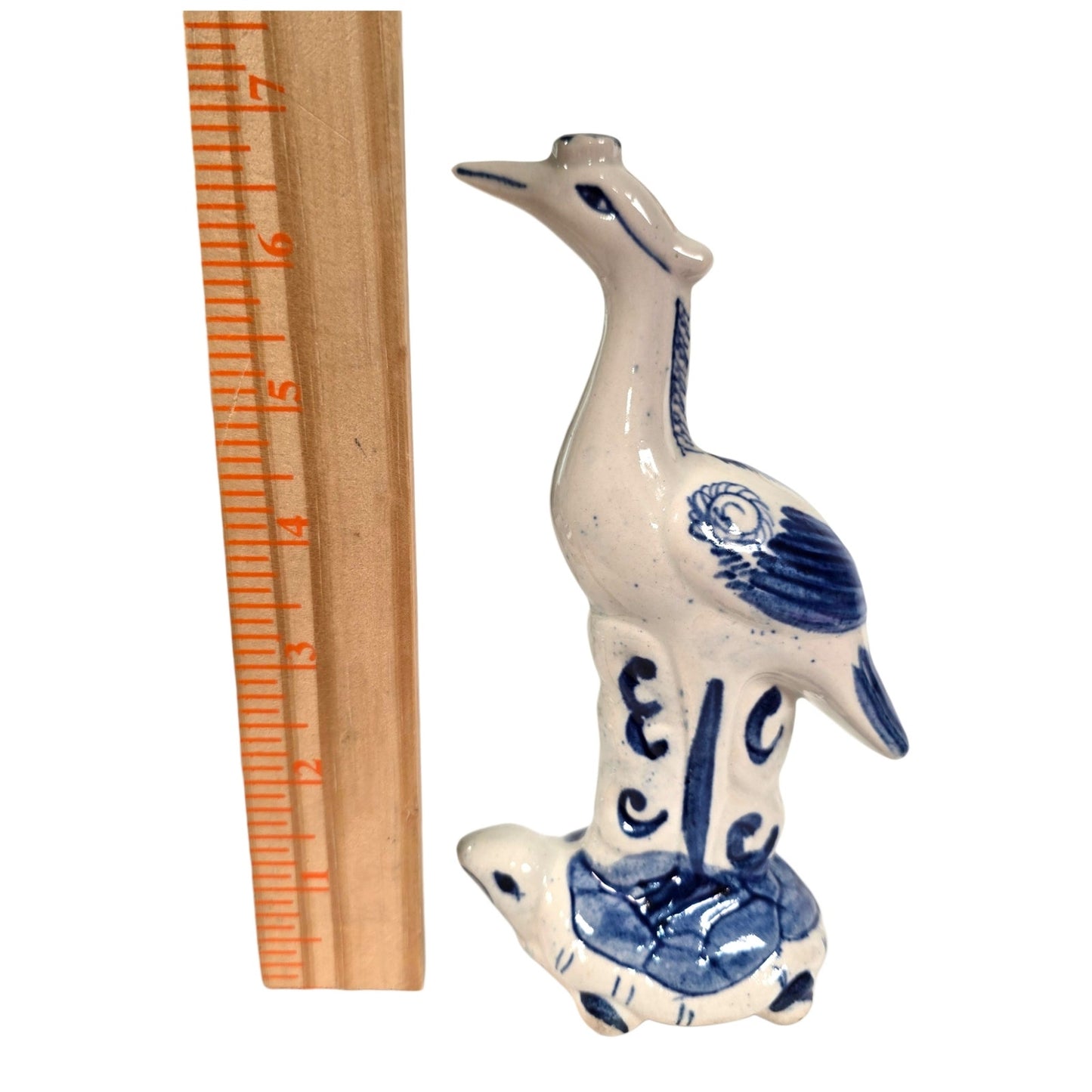 Vintage Blue & White Ceramic Crane Standing on Turtle Figurine, Asian Longevity Motif