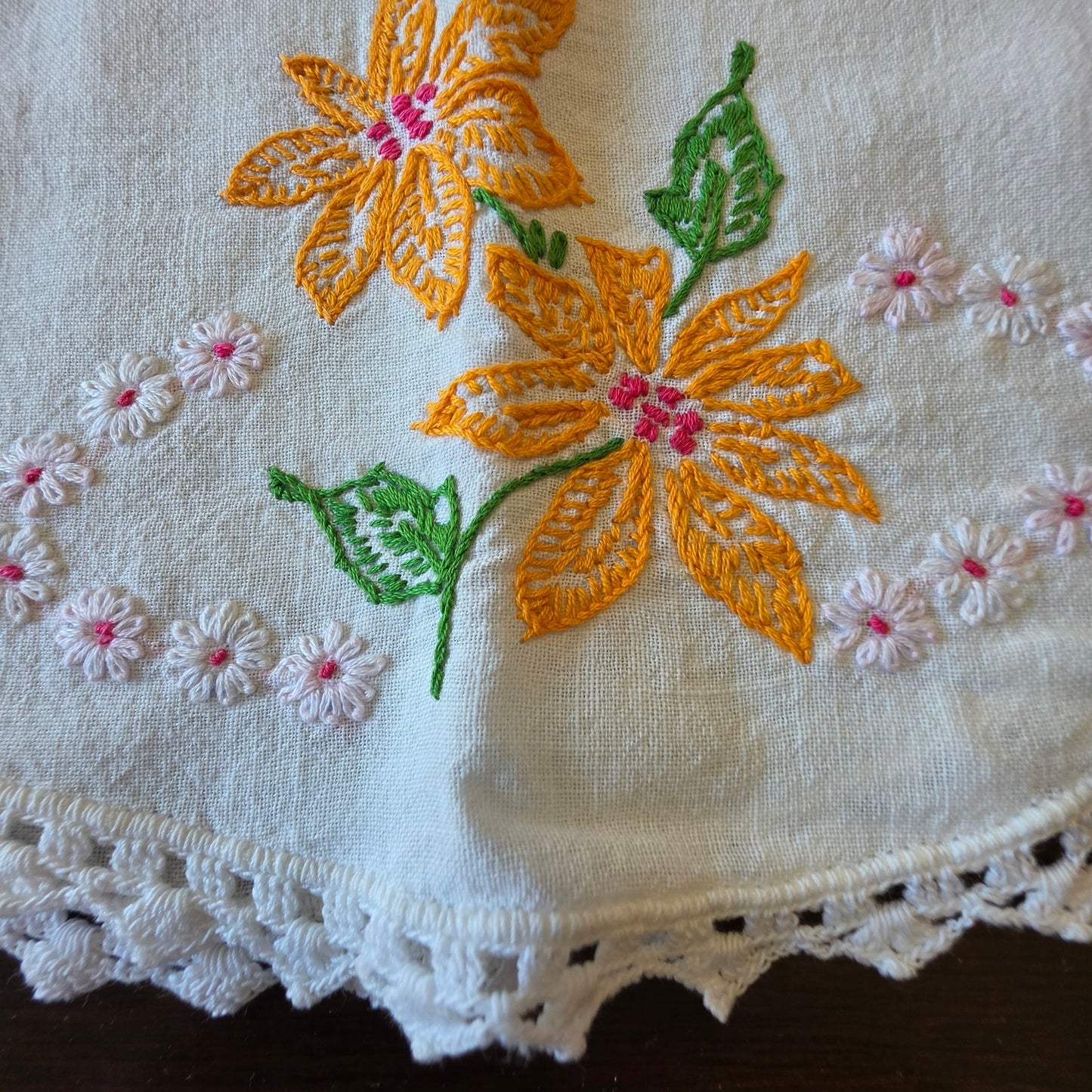 Vintage Embroidered Marigold Daisy Floral Pillowcase Crochet Lace
