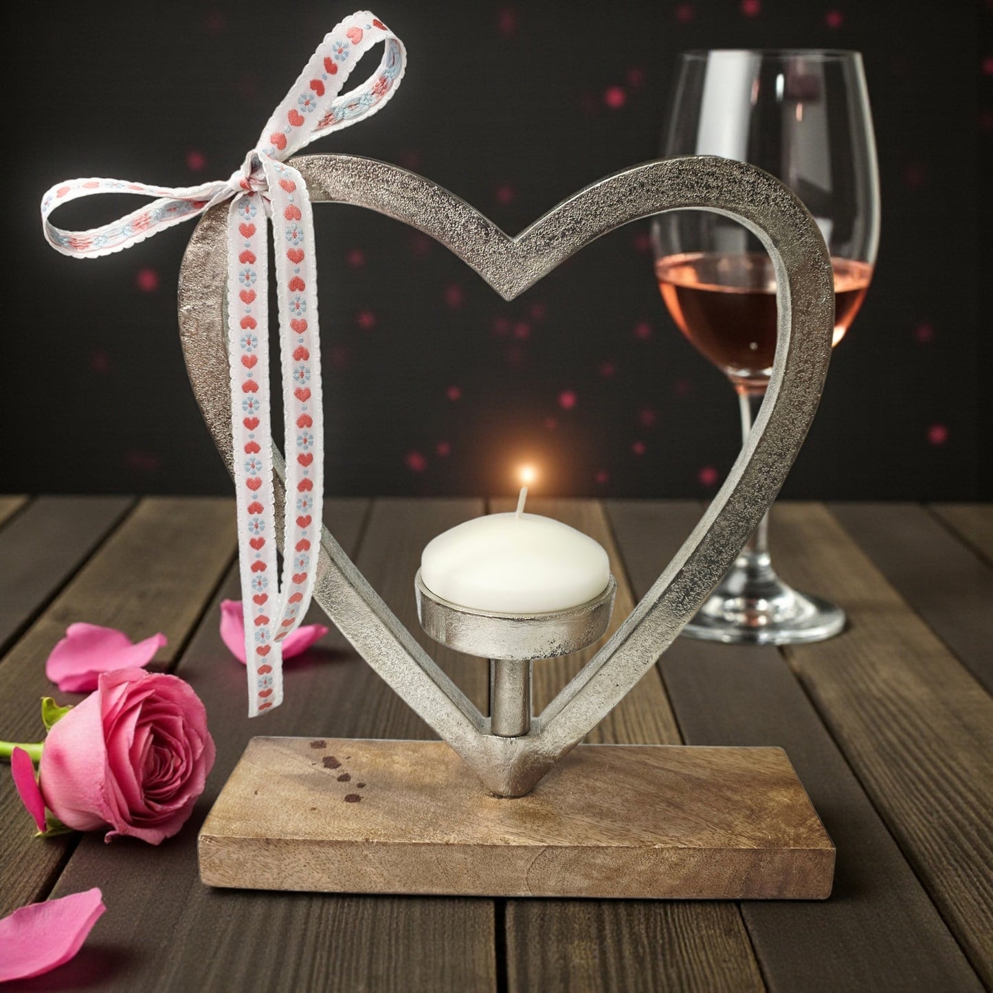 Heart-Shaped Candle Holder Silver-Finished Aluminum & Mango Wood India Valentine
