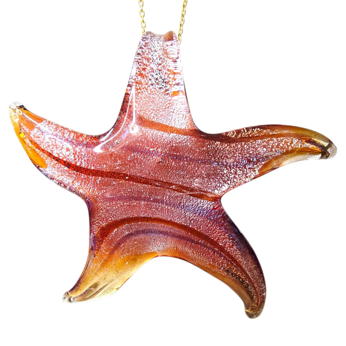 Murano Style Glass Starfish Pendant Necklace Gold Over 925 Sterling Italy Ocean