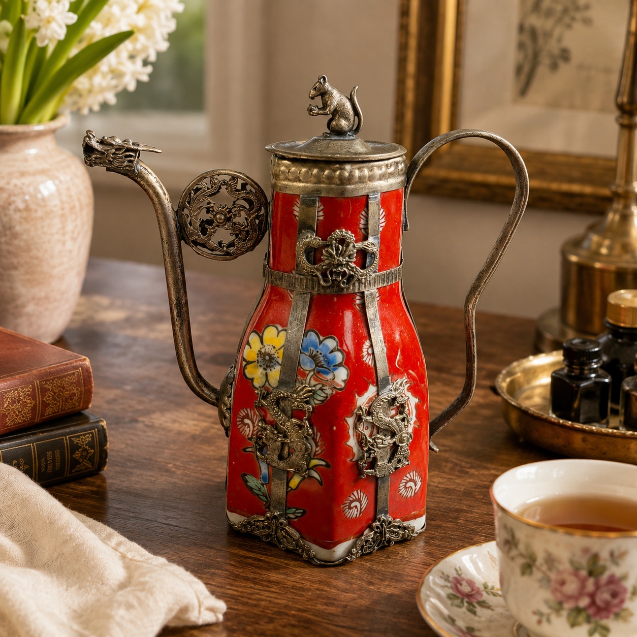 Vintage Miniature Tibetan Porcelain Teapot Metal Filigree Red Dragon Squirrel