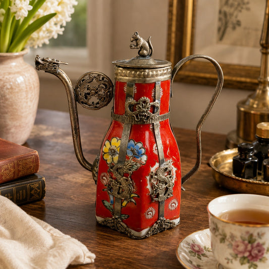 Vintage Miniature Tibetan Porcelain Teapot Metal Filigree Red Dragon Squirrel