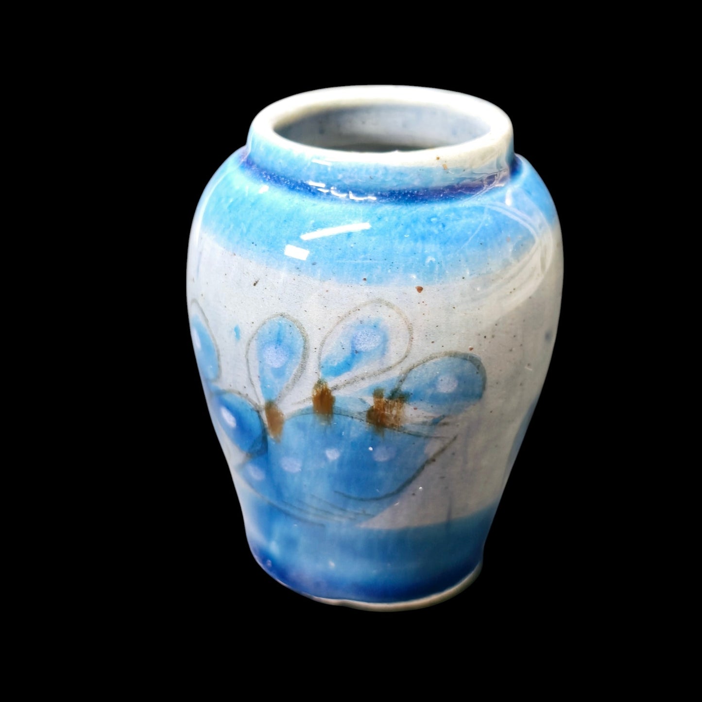 Miniature Stoneware Vase, Handpainted Bud Vase, Tiny Blue Floral Vase 2.25"