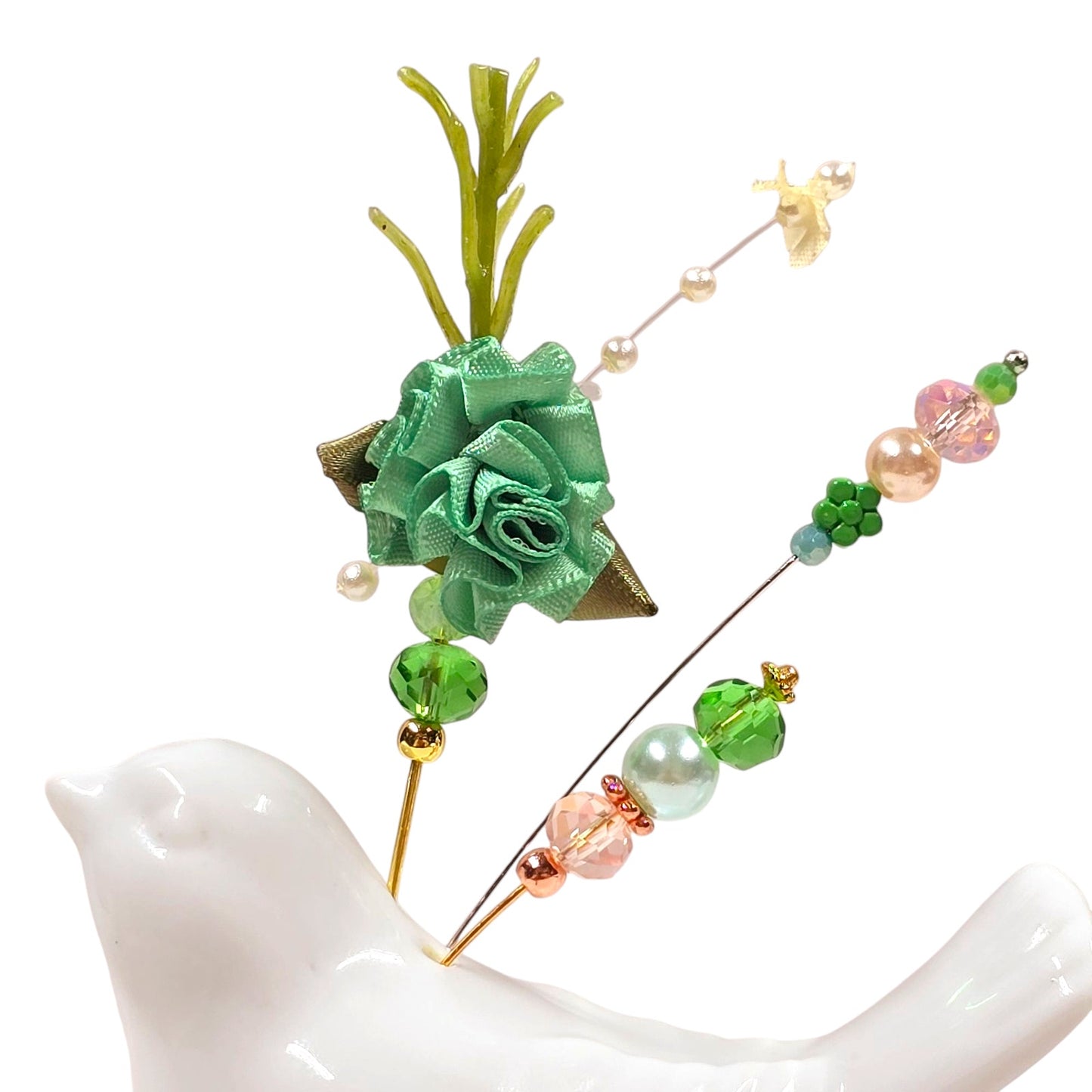 Vintage Green Floral Accent White Bird Salt Shaker Hat Pin Display