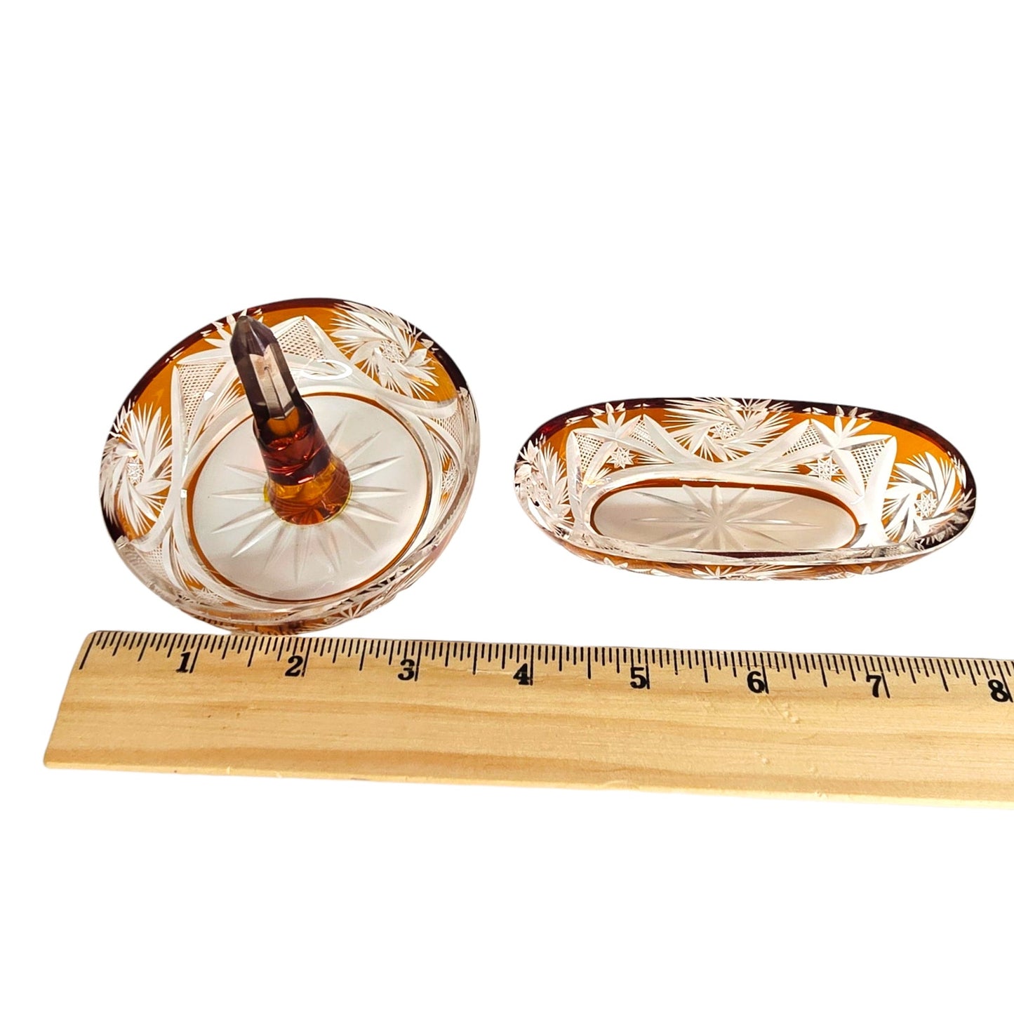Vtg Amber Bohemian Cut Glass Vanity Set 5‑Piece Jewelry Dresser Set Orange-Brown