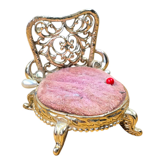 Vtg Sam Fink Miniature Chair Pin Cushion Ornate Gold Filigree Sewing Dollhouse
