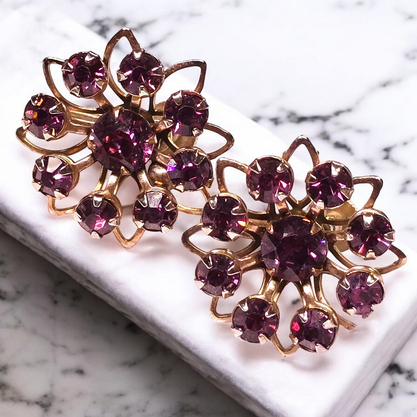 Vintage Purple Rhinestine Screw-Back Clip On Earrings, Shade of Purple Amythest Color, Flower Shape