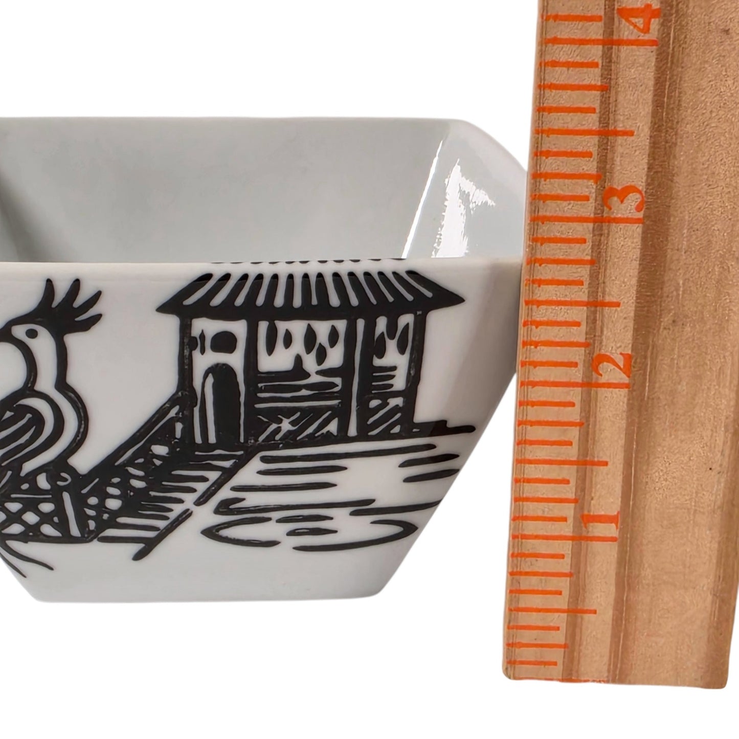 World Market Set of 4 Square Noodle Bowls Asian Pagoda Bird Japandi Boho Minimal