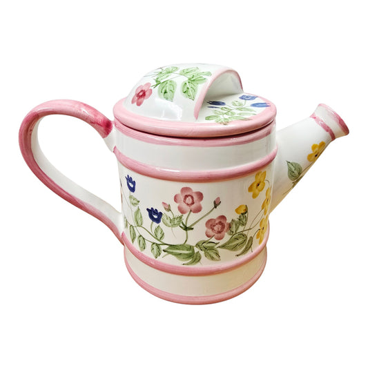 Vtg Lillian Vernon Floral Watering Can Teapot Pink Trim Ceramic Hand Painted Lid