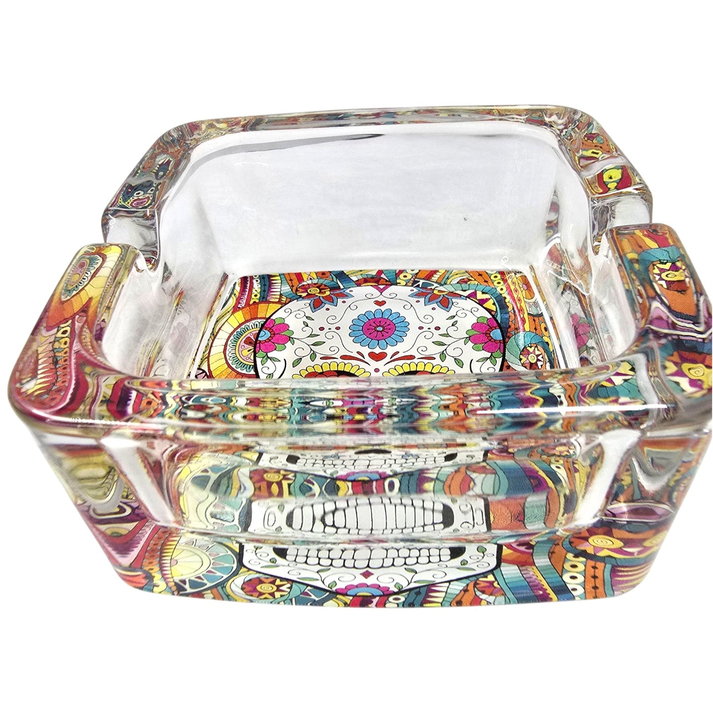 Day of the Dead Sugar Skull Heavy Glass Ashtray Trinket Dish Colorful 3"