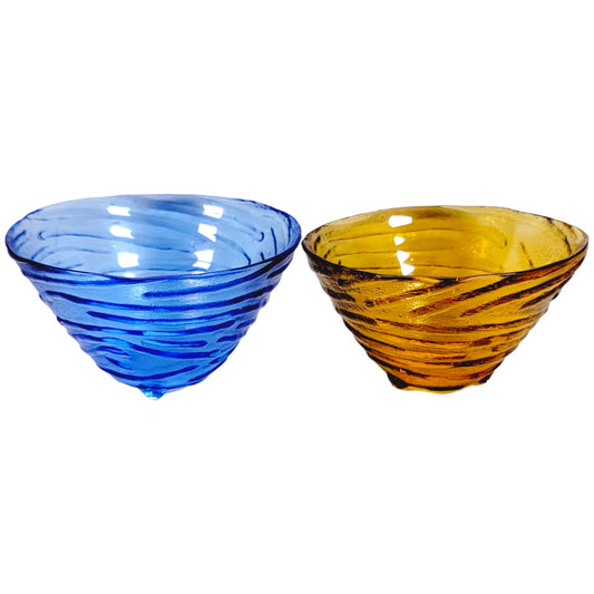 Set of 2 Swirled Ribbed Footed Glass Bowls, Cobalt and Amber Glass Bowls