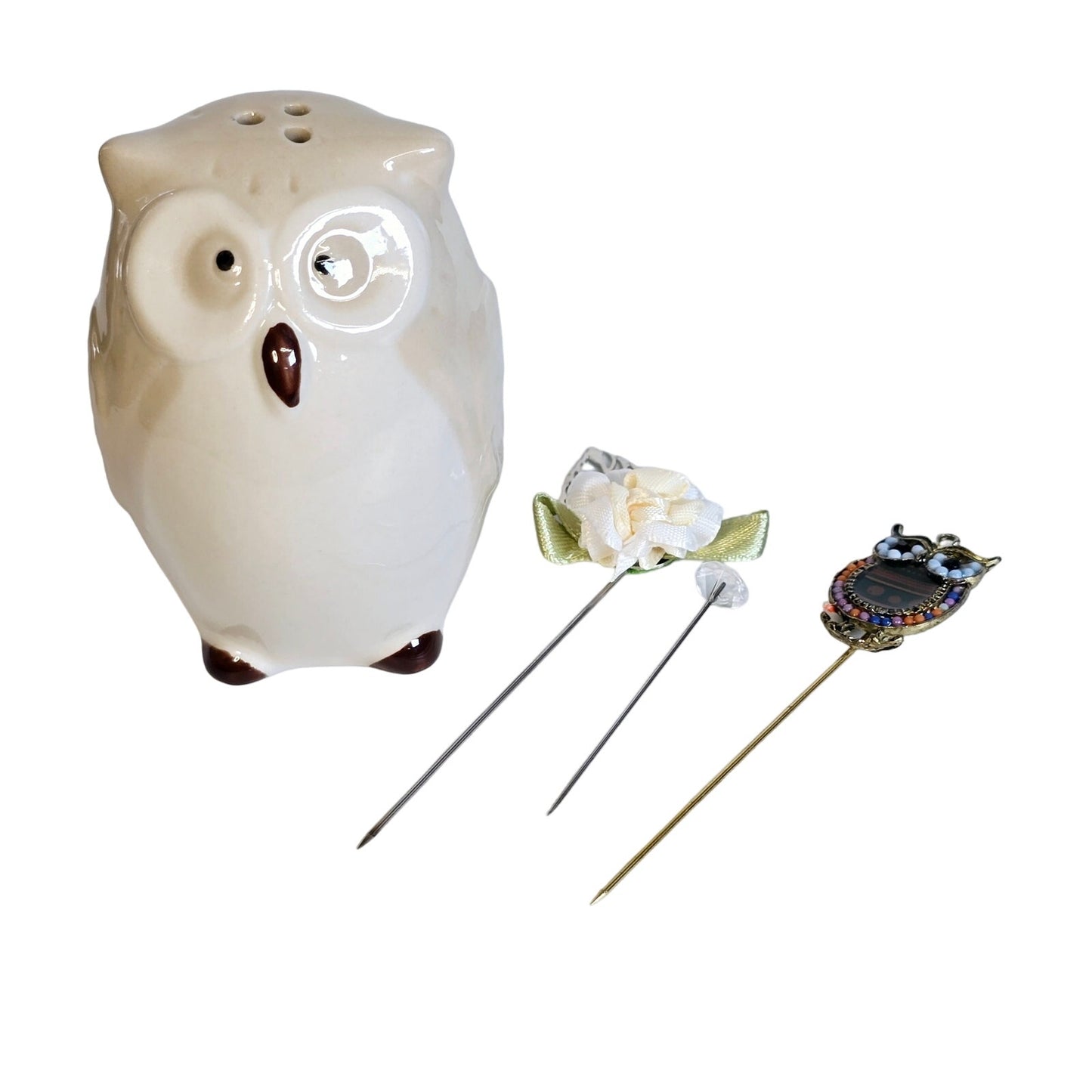 Ceramic Owl Salt Shaker Display with 3 Hat Pins