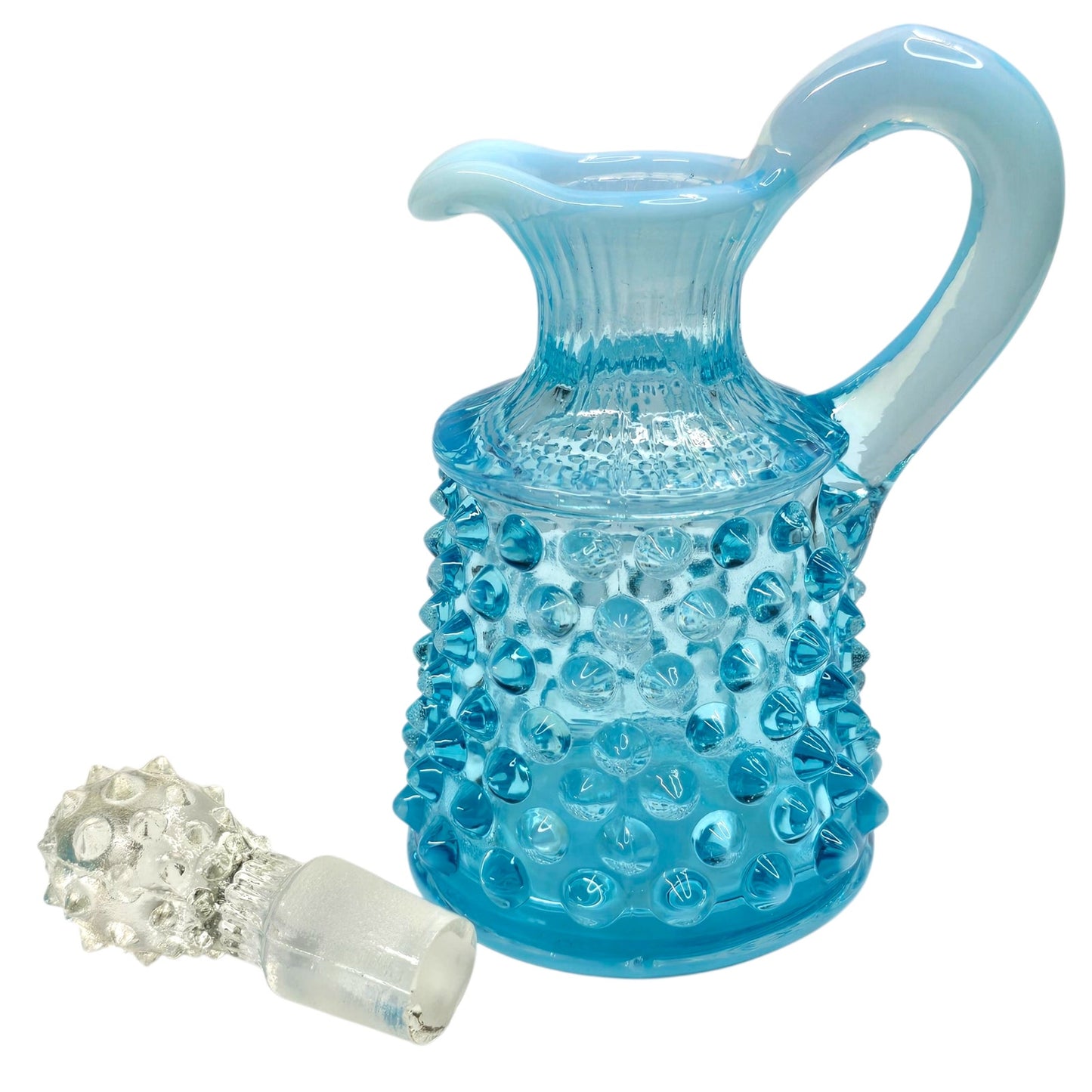 Fenton Blue Opalescent Hobnail Cruet w/ Stopper Uranium Reactive Art Glass