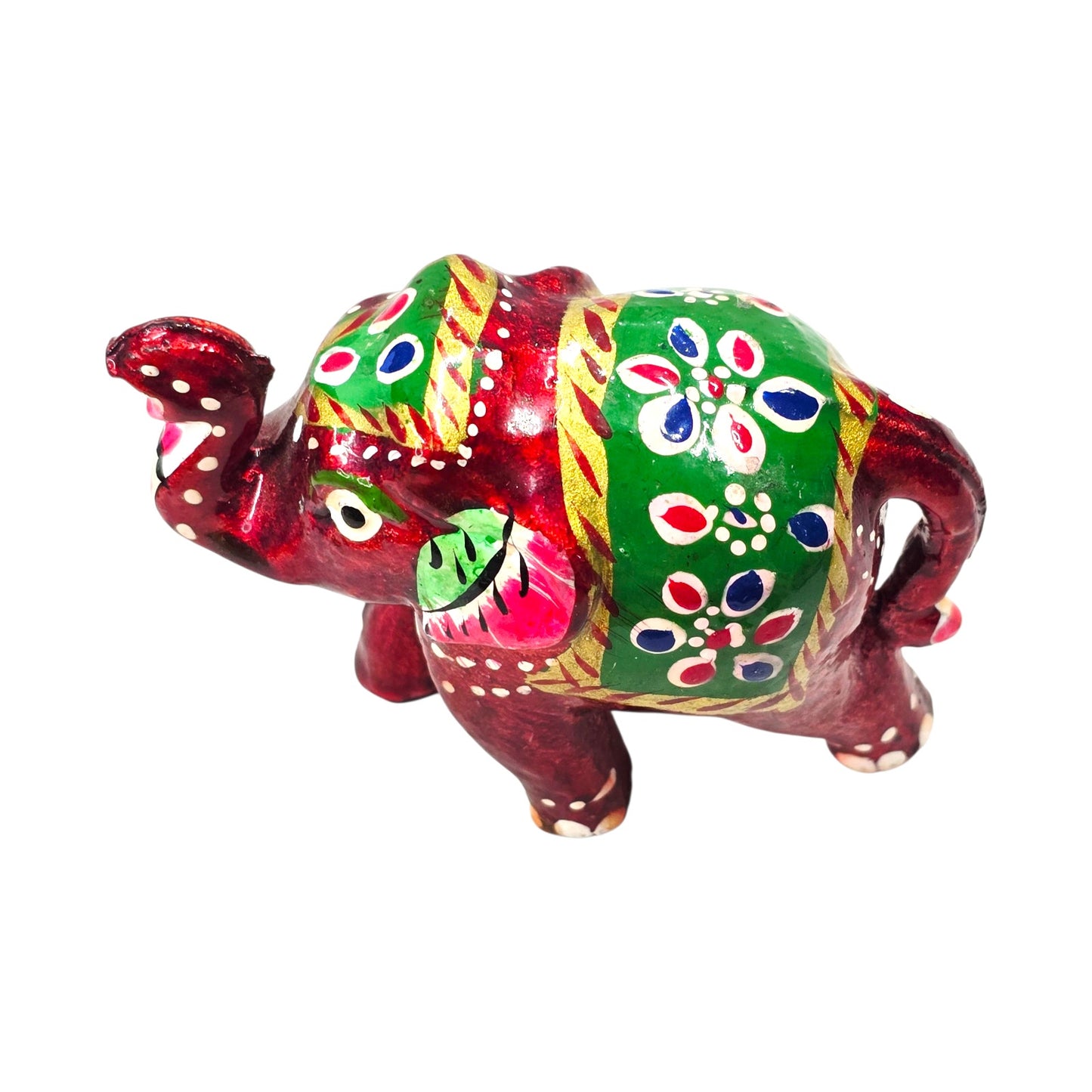 Vtg Hand Painted Mini Elephant Figurine Red Green Folk Art India 2" Decor