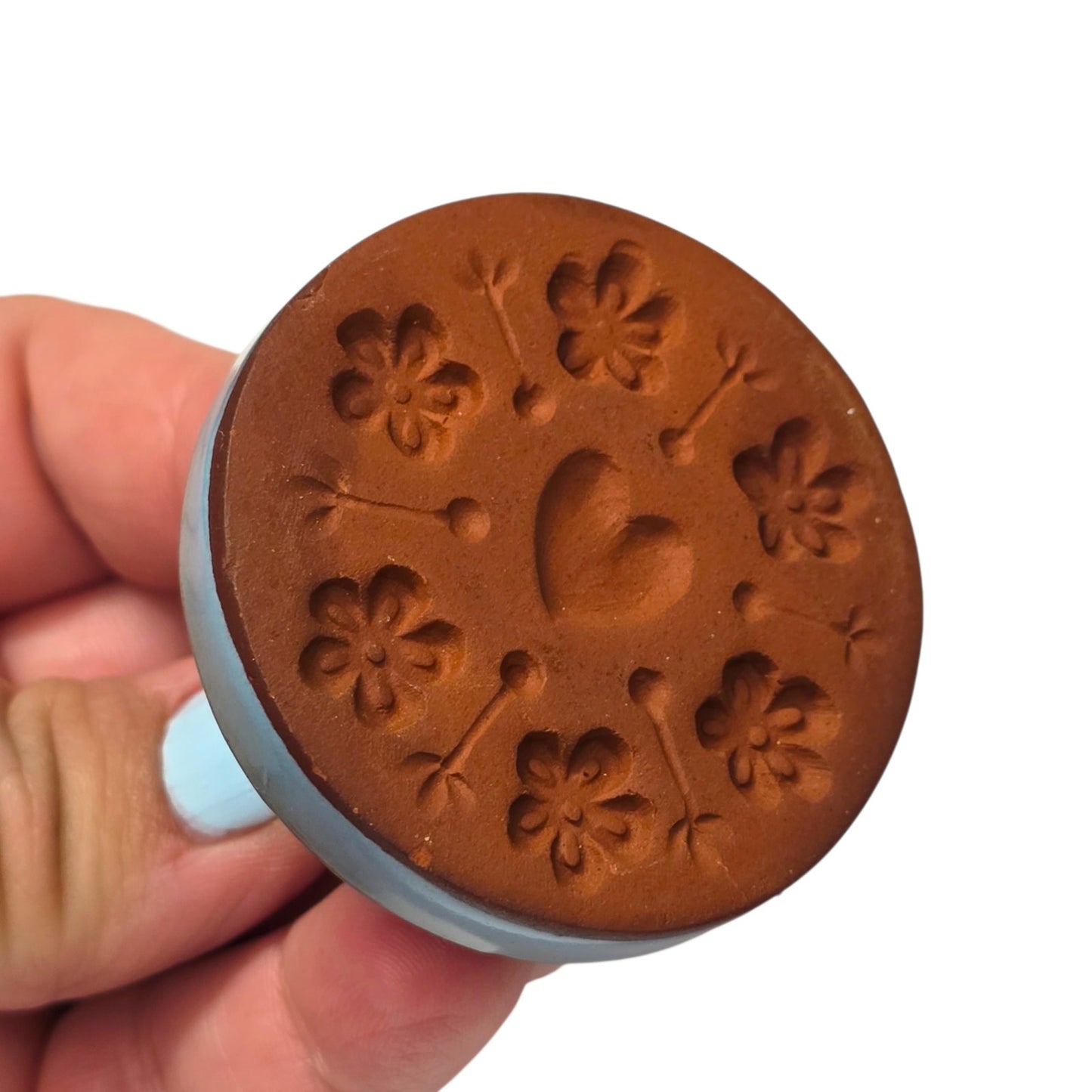 Rycraft Cookie Stamp Terra Cotta Blue Glazed Ceramic Butter Press Flower MCM