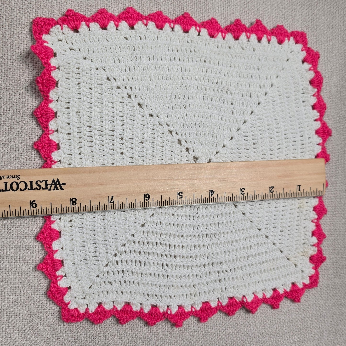 Set of 4 Vintage Handmade Crocheted Doilies with Dark Pink Trim