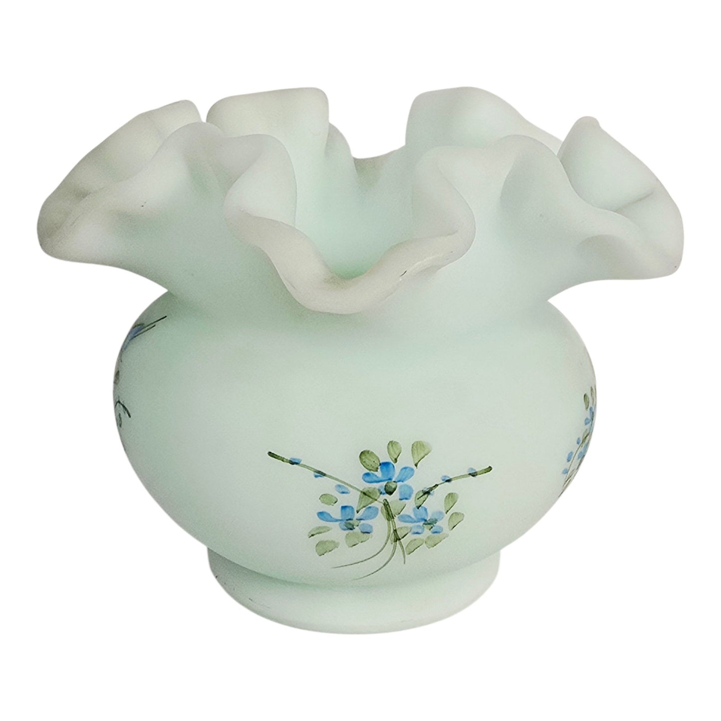 Fenton Blue Roses on Blue Satin Glass Rose Bowl - Signed