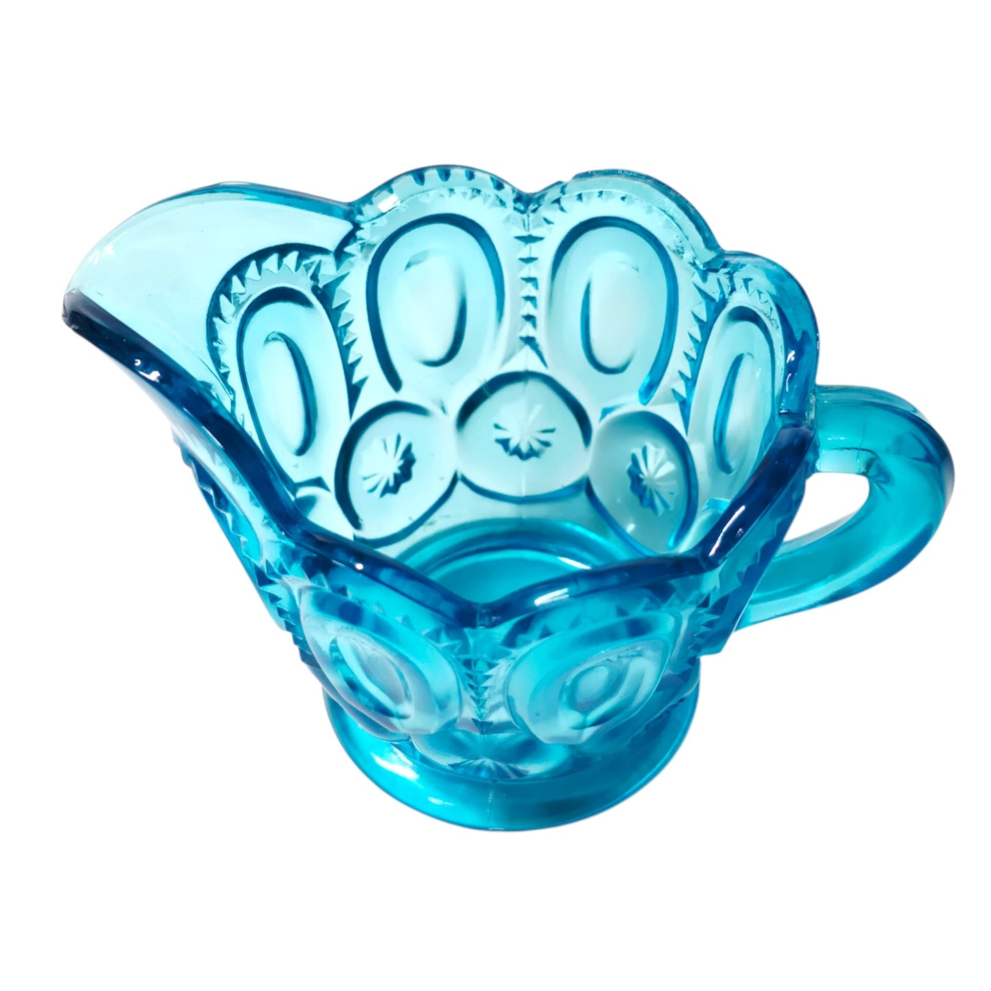 Vintage L. E. Smith Glass Moon & Stars Creamer Pattern Peacock Blue Turquoise UV