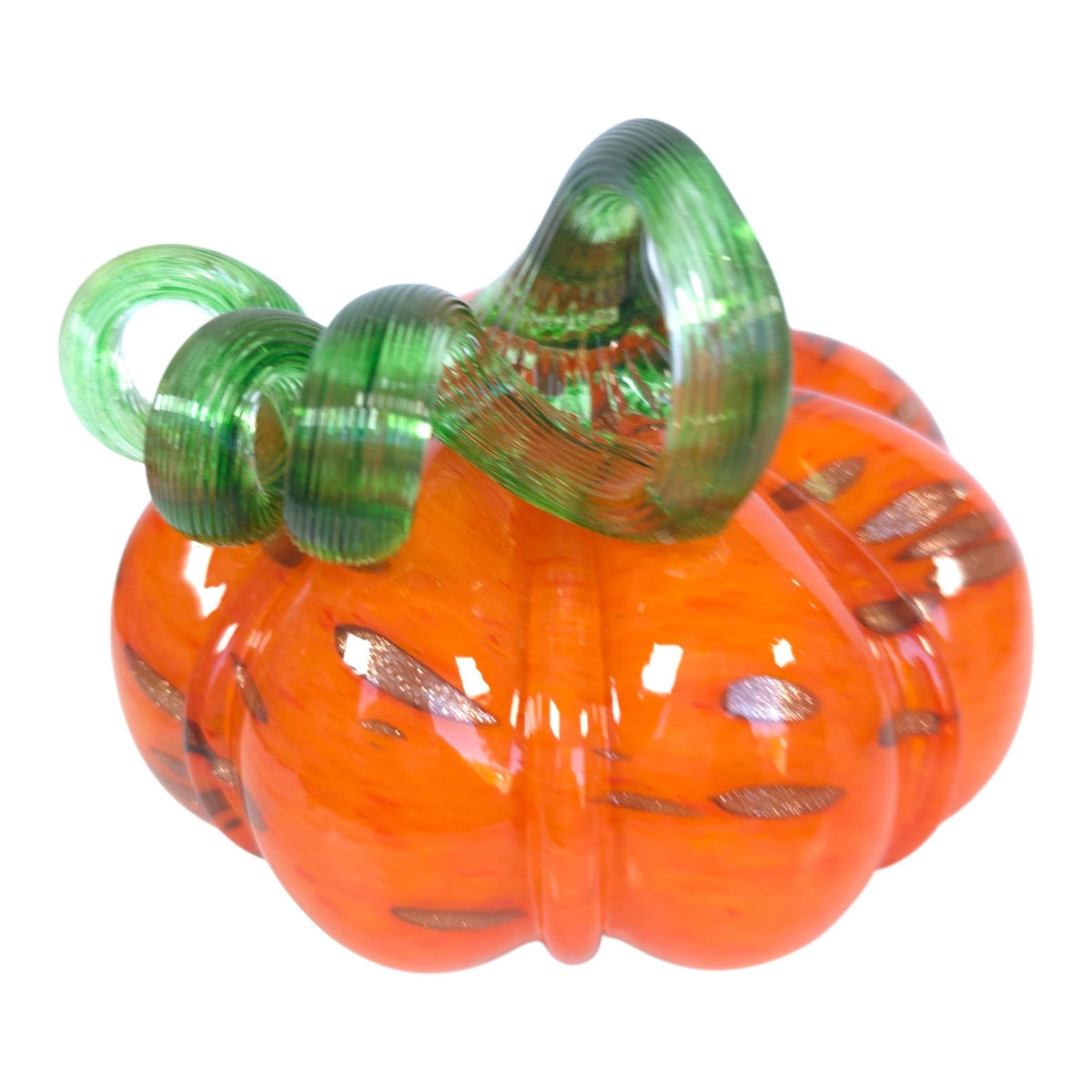 Hand Blown Orange Art Glass Pumpkin Green Curled Vine Stem Metallic Accents
