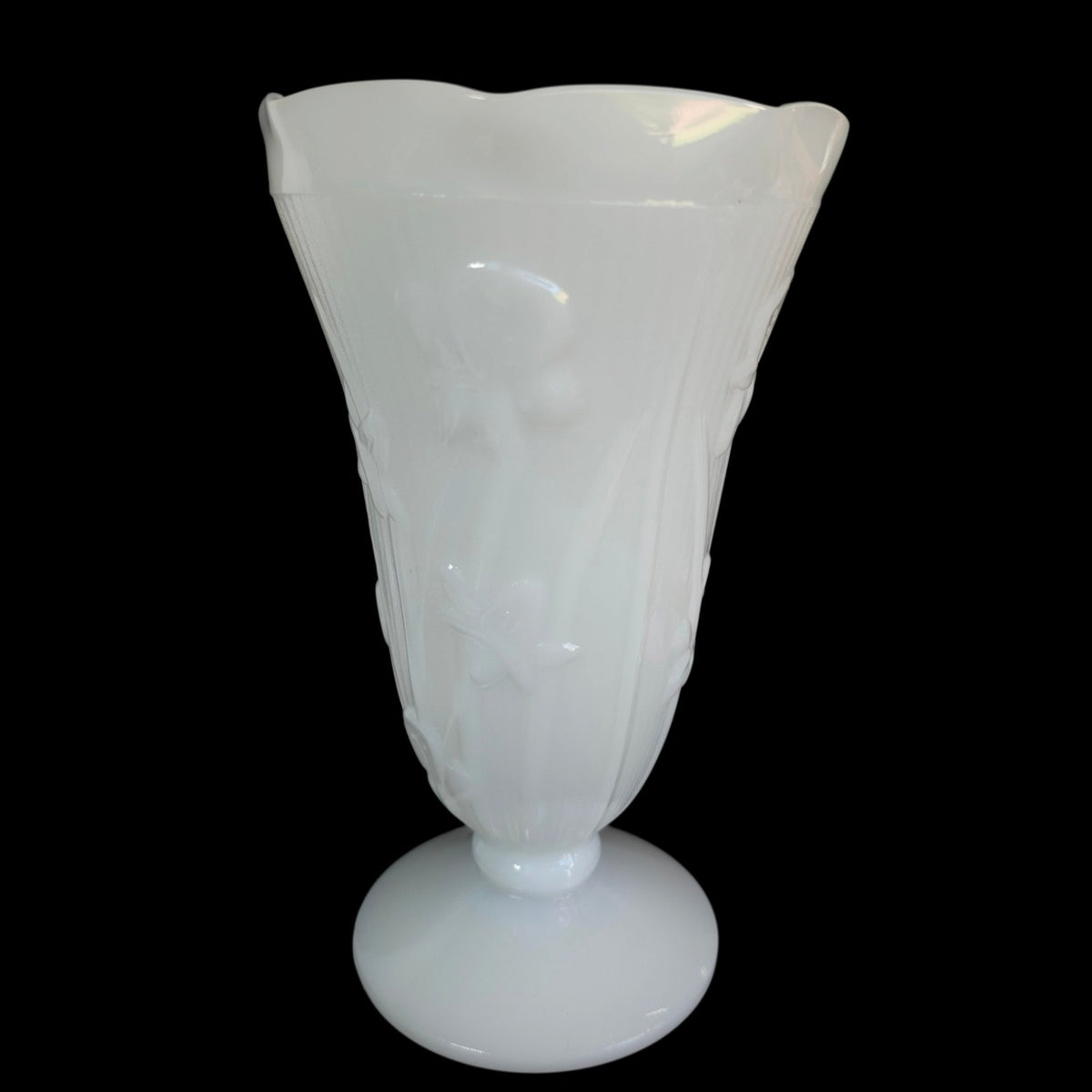 Vintage Jeannette Glass Iris & Herringbone Milk Glass 9” Footed Vase