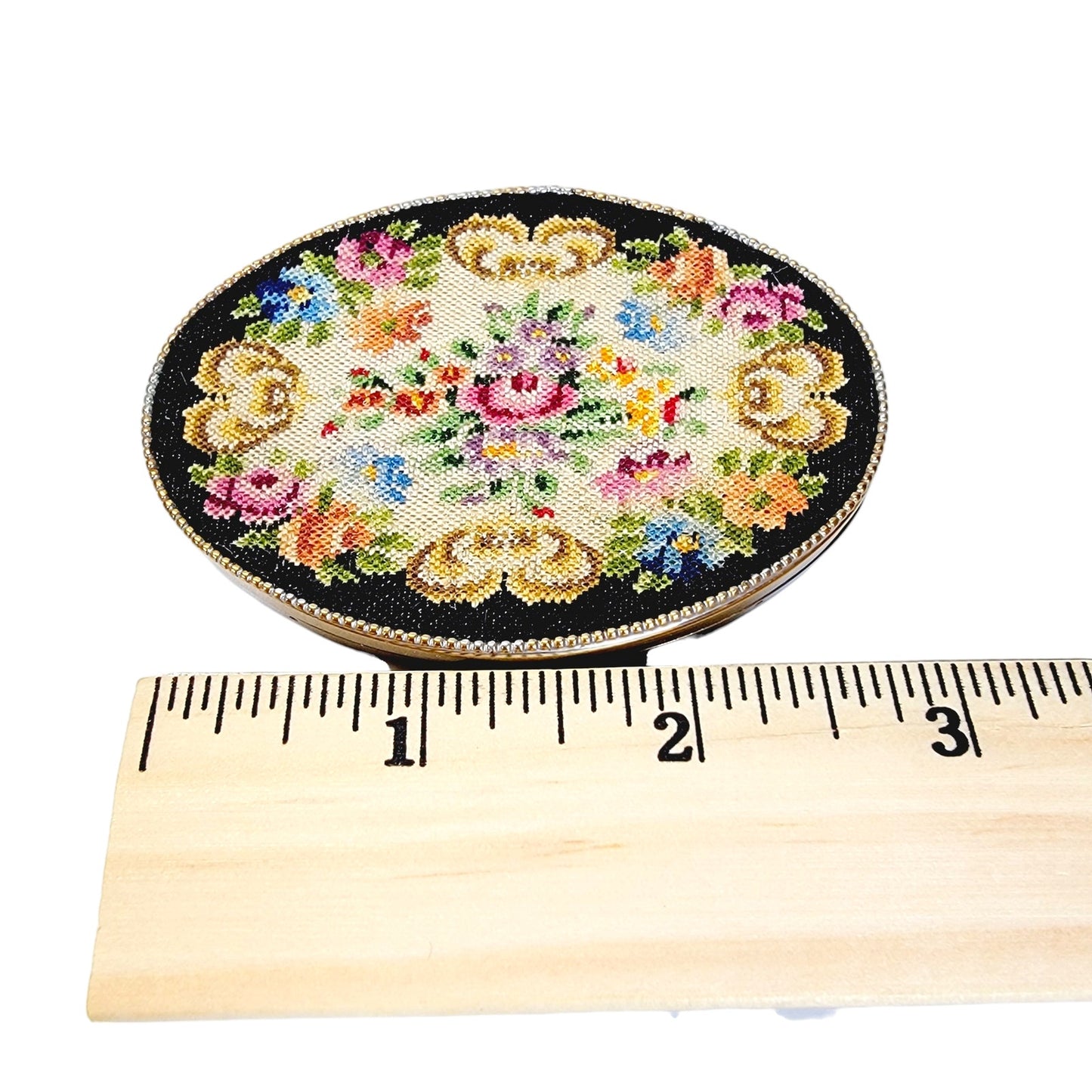 Exquisite Vintage Floral Petite Point Compact with Mirror, Puff and Pressed Powder