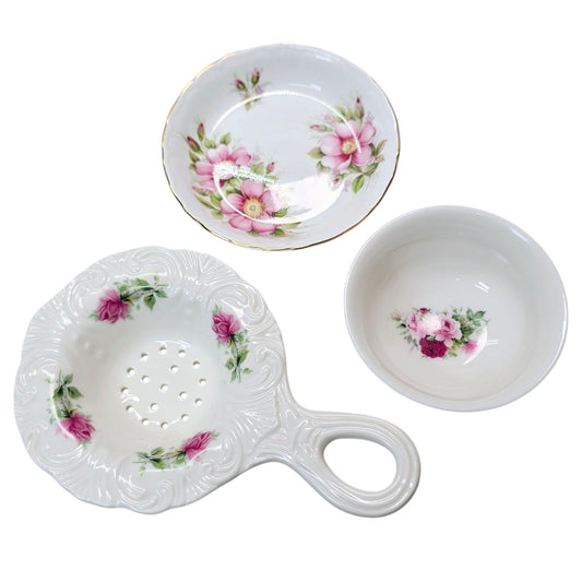 Set of 3 Dainty Tea Dishes: Allyn Nelson Porcelain Tea Strainer and Drip Bowl, plus a dainty Queen's England Prairie Rose Dish