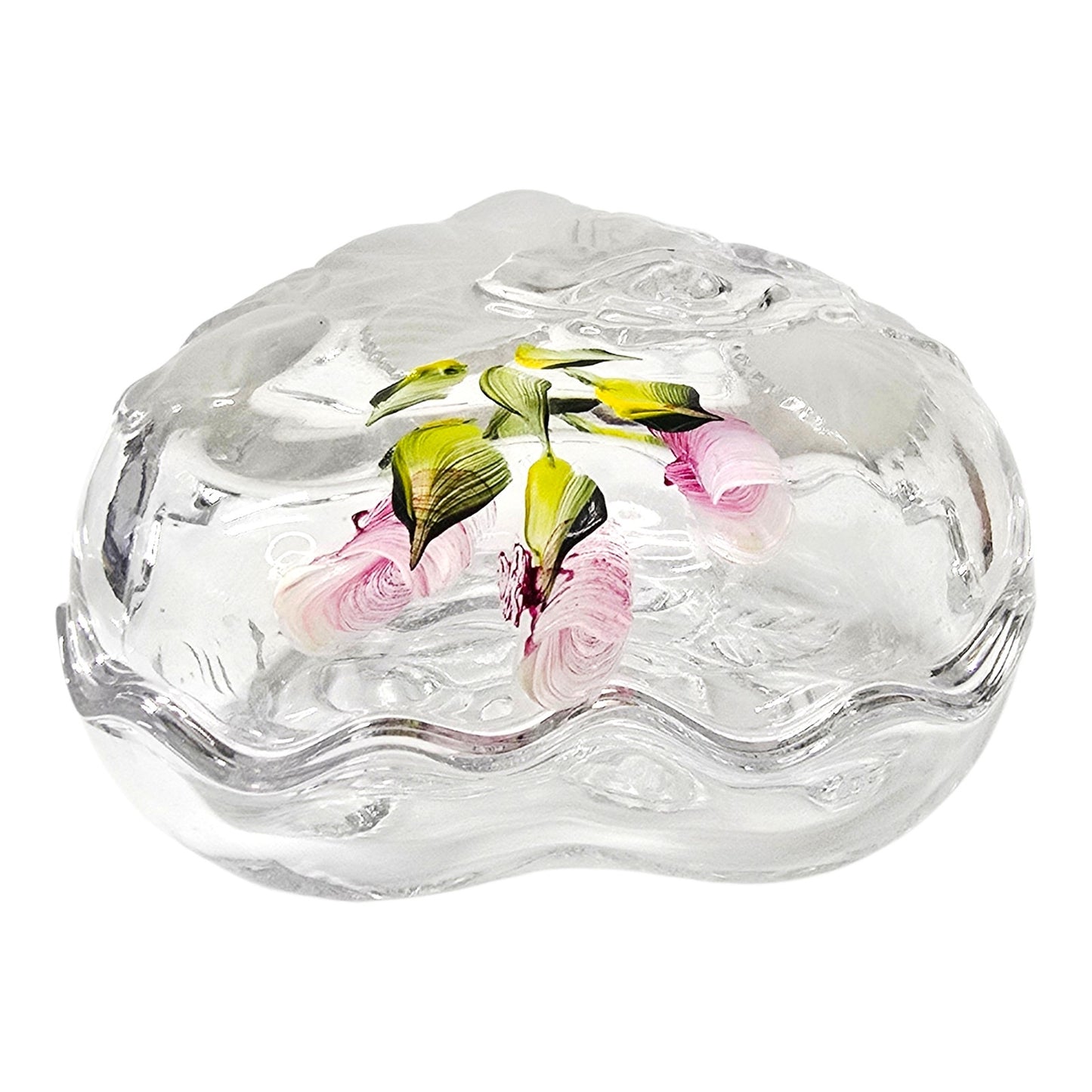 Hand-Painted Vintage Glass Heart Trinket Box | Frosted Embossed Rose Valentine's