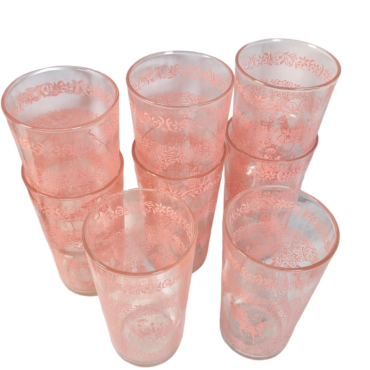 Set of 8 Hazel Atlas Monticello Pink Horse and Carriage Glass Tumblers 5"