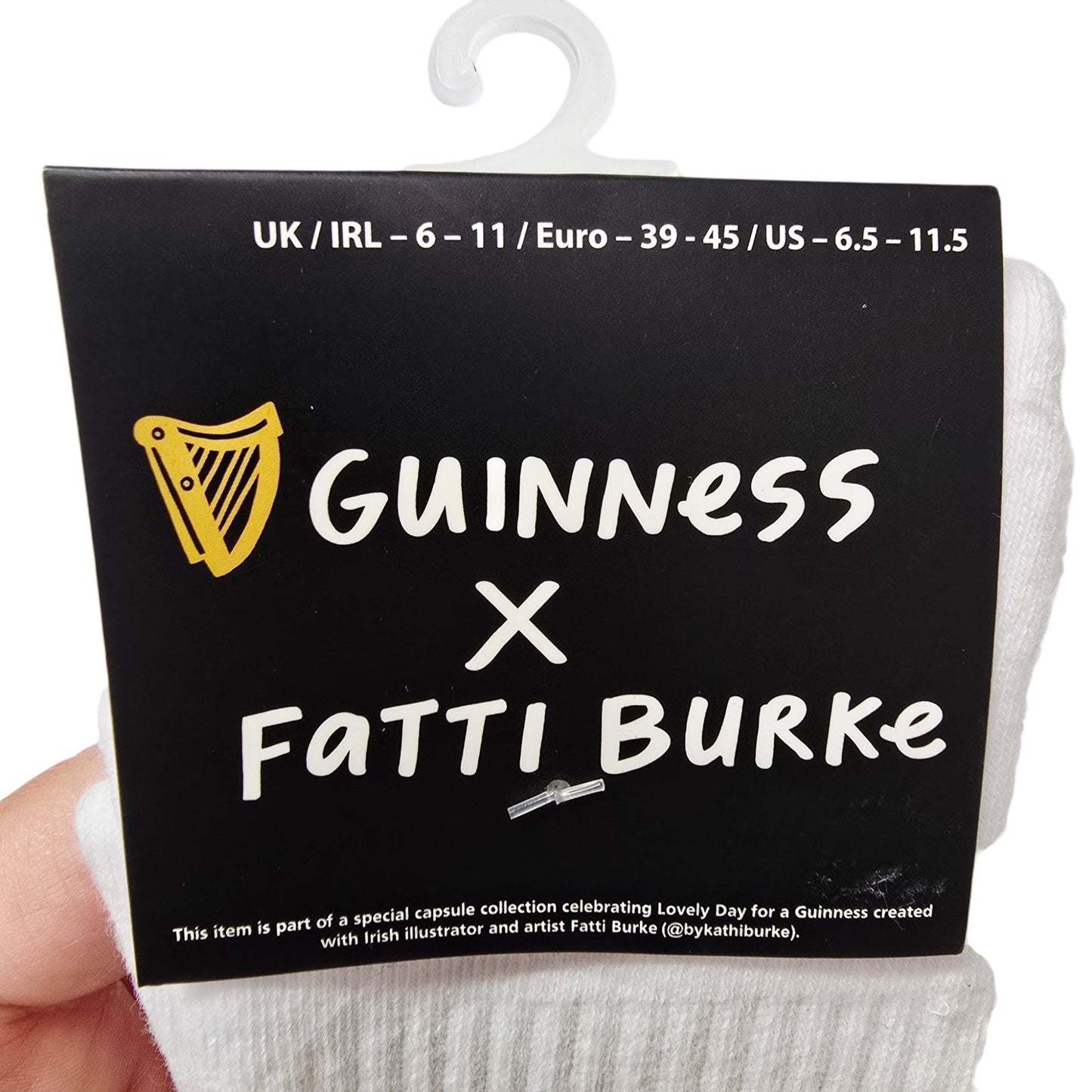 Guinness x Fatti Burke Socks New White Crew Socks Lovely Day For A Guinness NWT
