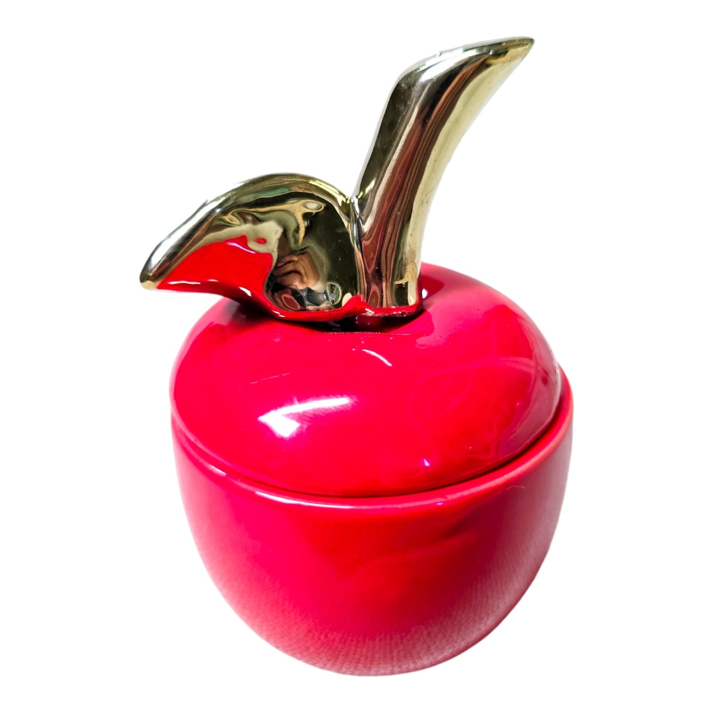 Vintage Red Apple Lidded Ceramic Trinket Box Gold Stem Leaf Glossy Farmhouse