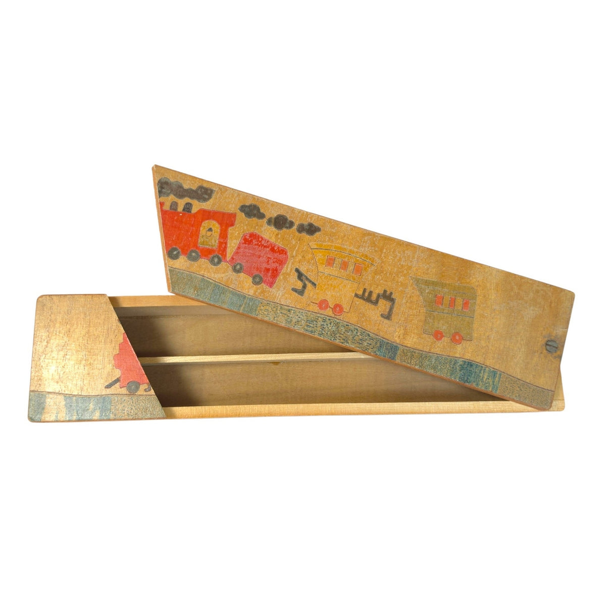 Vintage Wooden Sliding Lid Pencil Box - Hand-Painted Train Motif Mid Century 9"