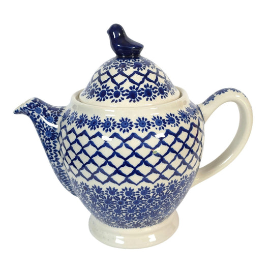 Boleslawiec Polish Pottery Teapot Bird Finial Hand Painted Blue & White Poland