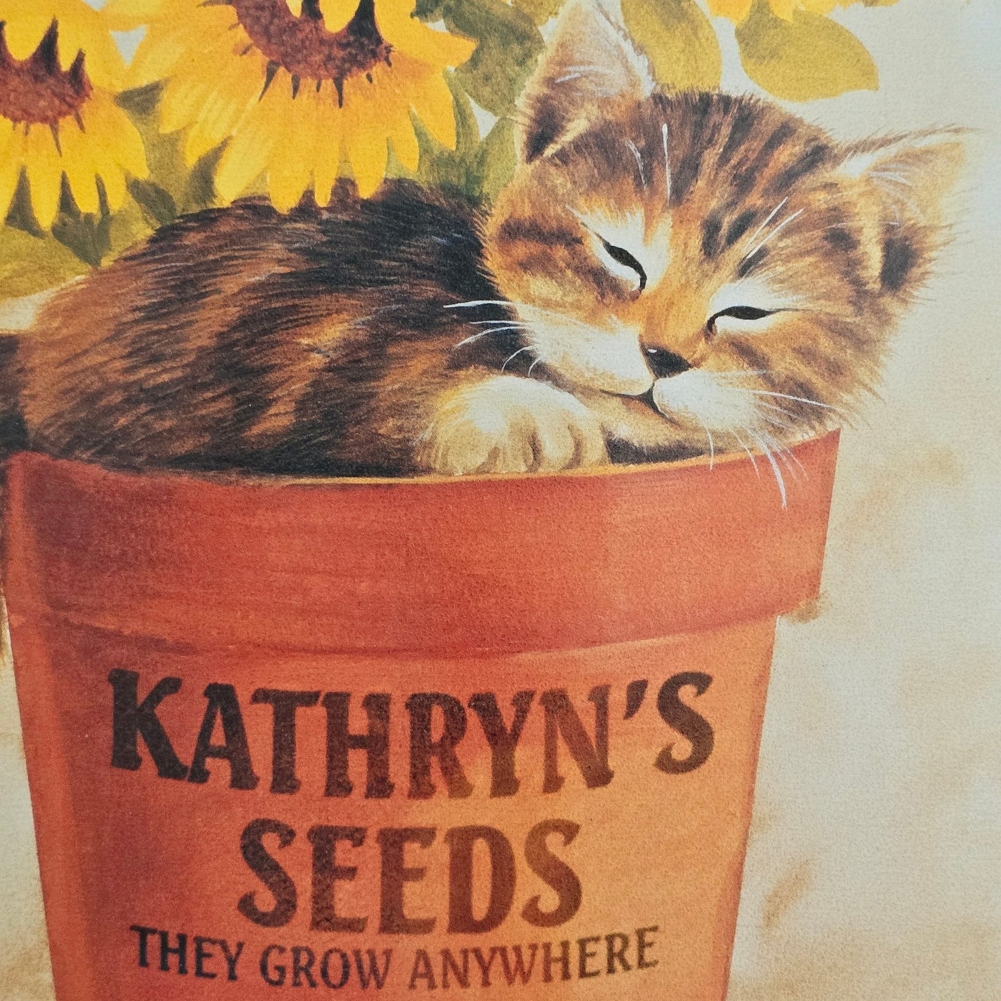 Vintage Kathryn's Seeds Kitten in Flower Pot Metal Sign Advertisement 1998 Lynn Kaatz Cat