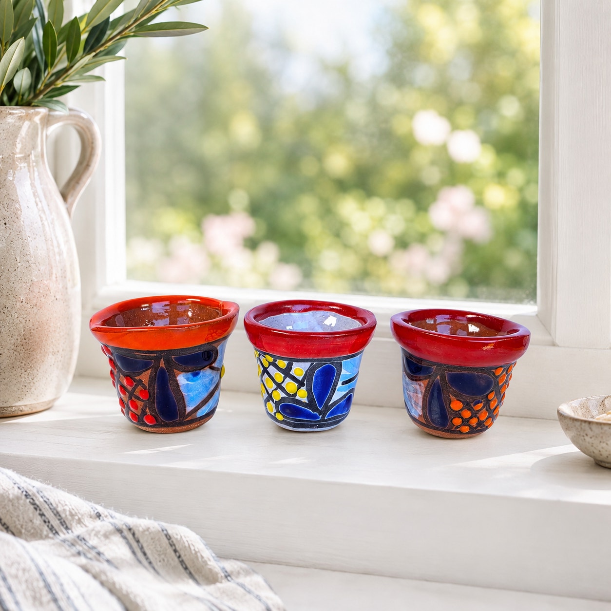 Vtg Mexican Folk Art Mini Terracotta Planters Hand Painted Pots Set of 3