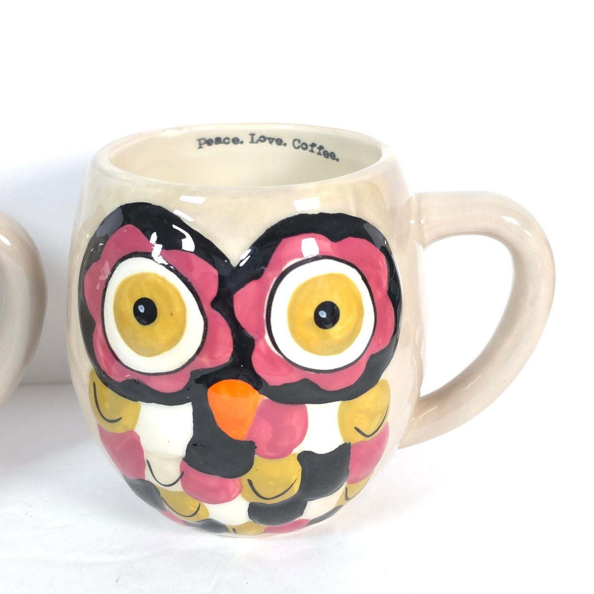 Natural Life Owl Coffee Mugs Set of 2 Peace Love Coffee Cream Colorful