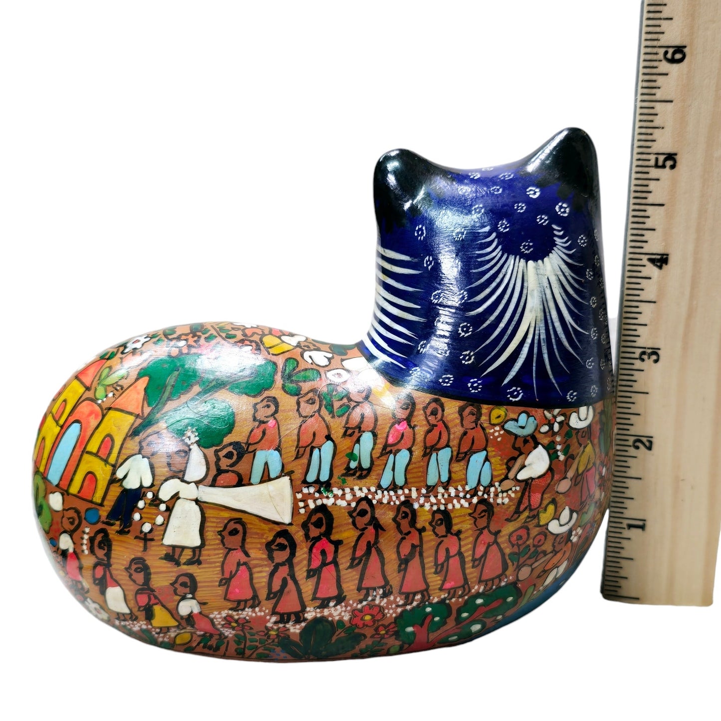 Talavera Mexican Hand Painted Folk Art Multi Color Ceramic Cat Figurine