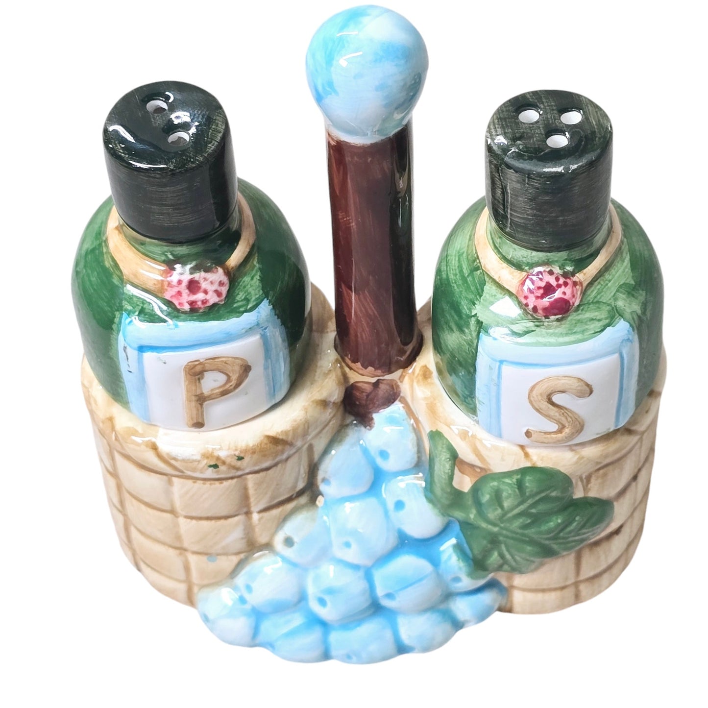 Vintage ALCO Wine Bottles Salt & Pepper Shaker Set in Basket Caddy Ceramic