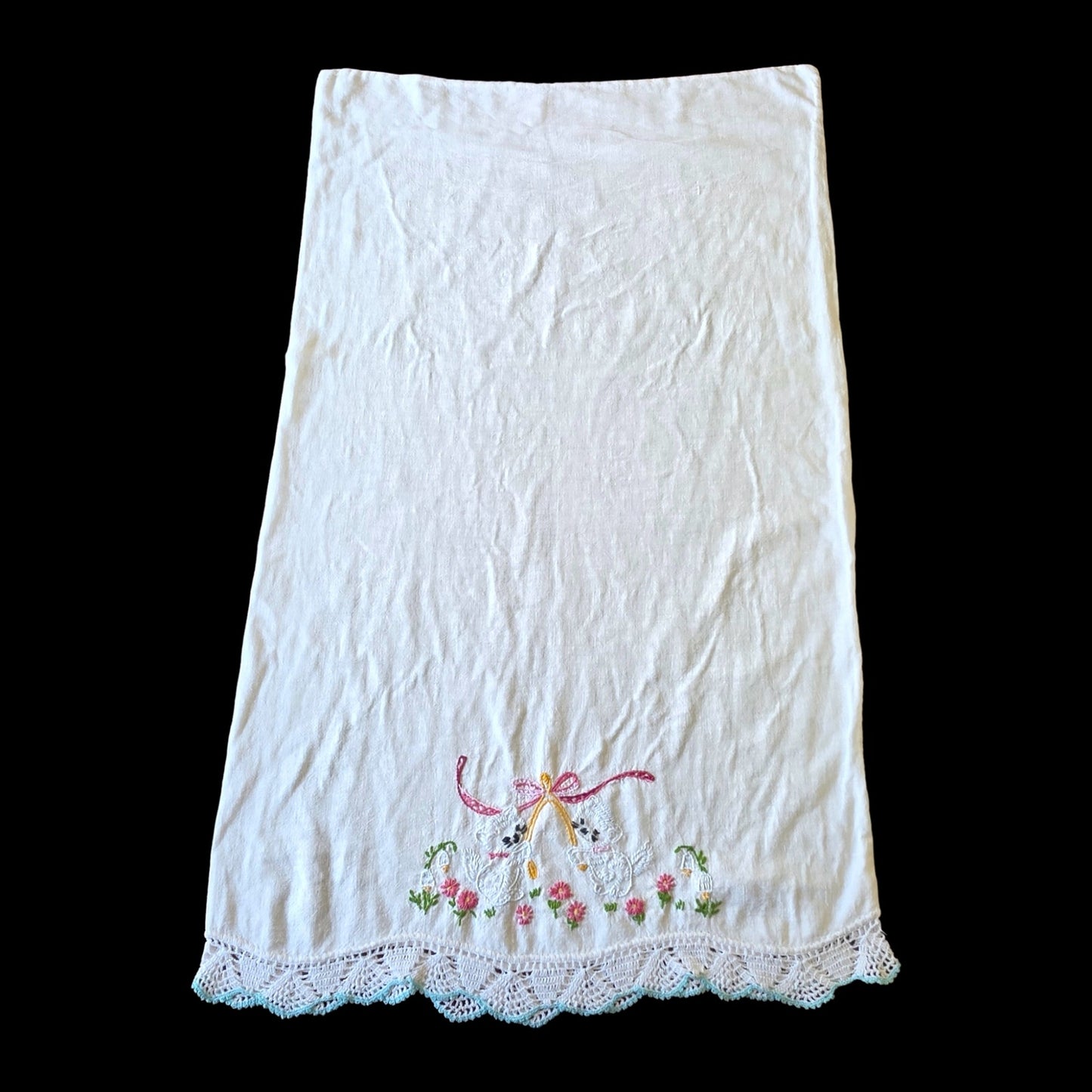 Vintage Embroidered Pillowcase Cats Wishbone Blue Lace Trim Pink Bow