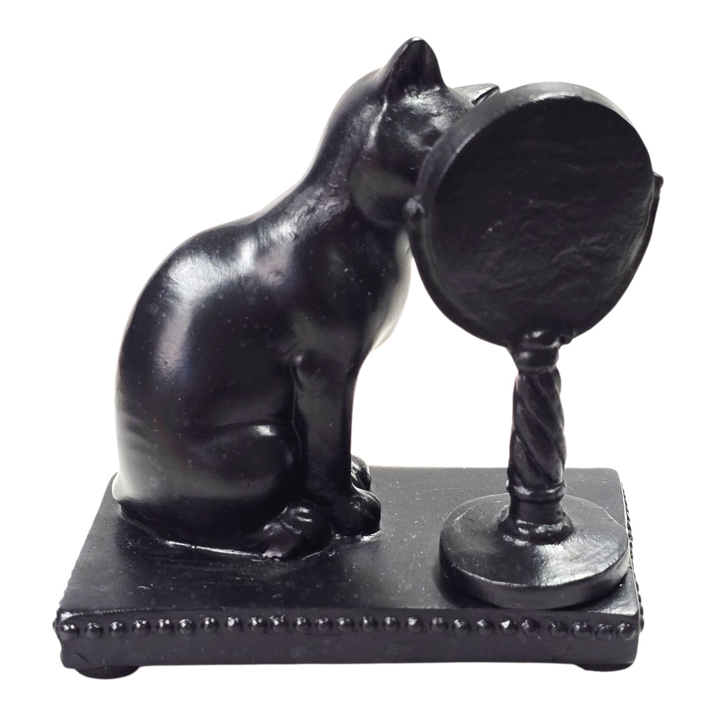 Vtg Black Cat Figurine looking in Vanity Mirror Resin 3.25" Cat Lover Gift Decor