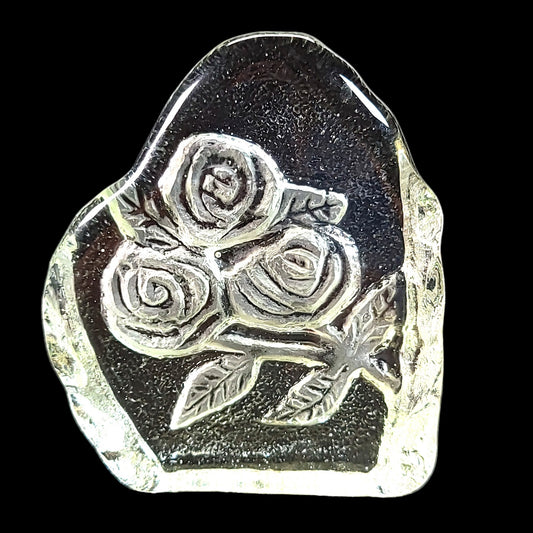 Reversed Carved Etched Glass Roses Art Glass Paperweight, Etched Ice Glass Roses