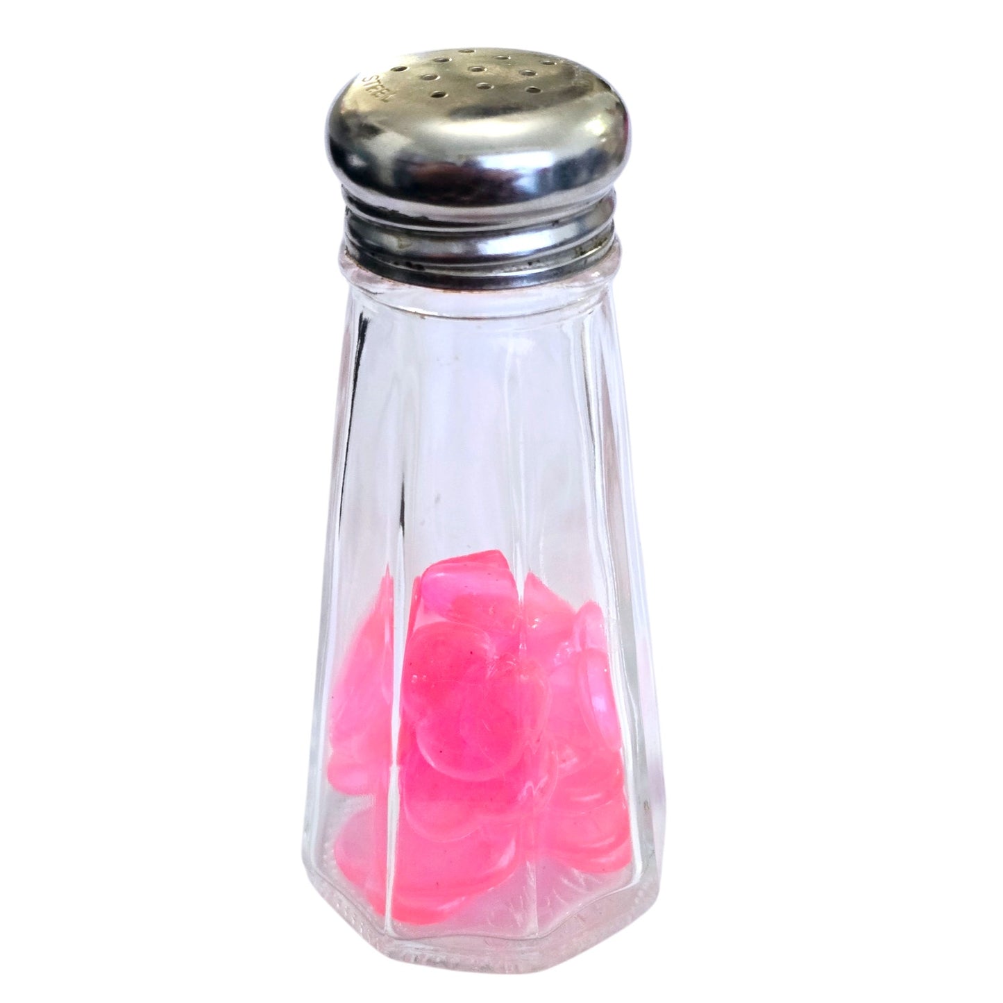 Diner Shaker with Pink Glow Beads LIVE-CRAFTED SHAKER + 3 PINS Join me LIVE to give Input, or Give me Creative Freedom! Love, Valentines