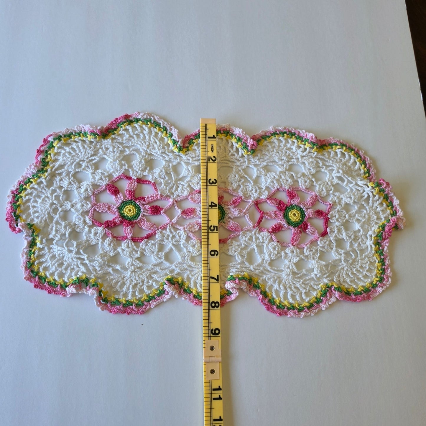 Vintage Crochet Floral Doily Set Oblong Dresser Scarf & Round Doily Handmade