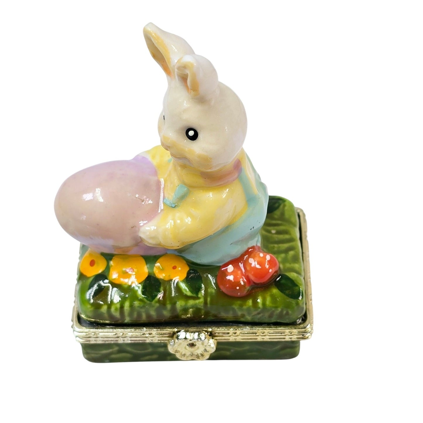 Vintage Easter Bunny Hinged Trinket Box, Ceramic, Rabbit holding Eggs, Handpainted