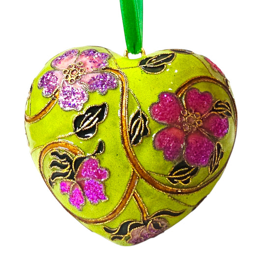 Cloisonne Puffy Heart Hanging Decor Ornament Green with Red Purple Flowers
