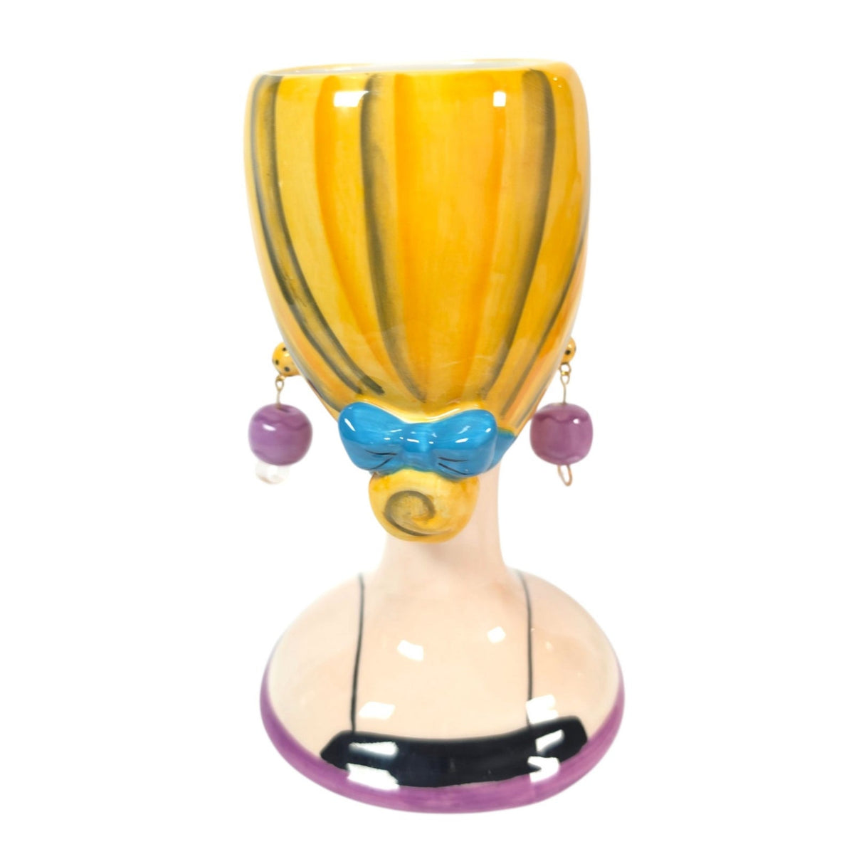 BABS Whimsical Ceramic Lady Head Vase Blonde Green Eyes Purple Earrings