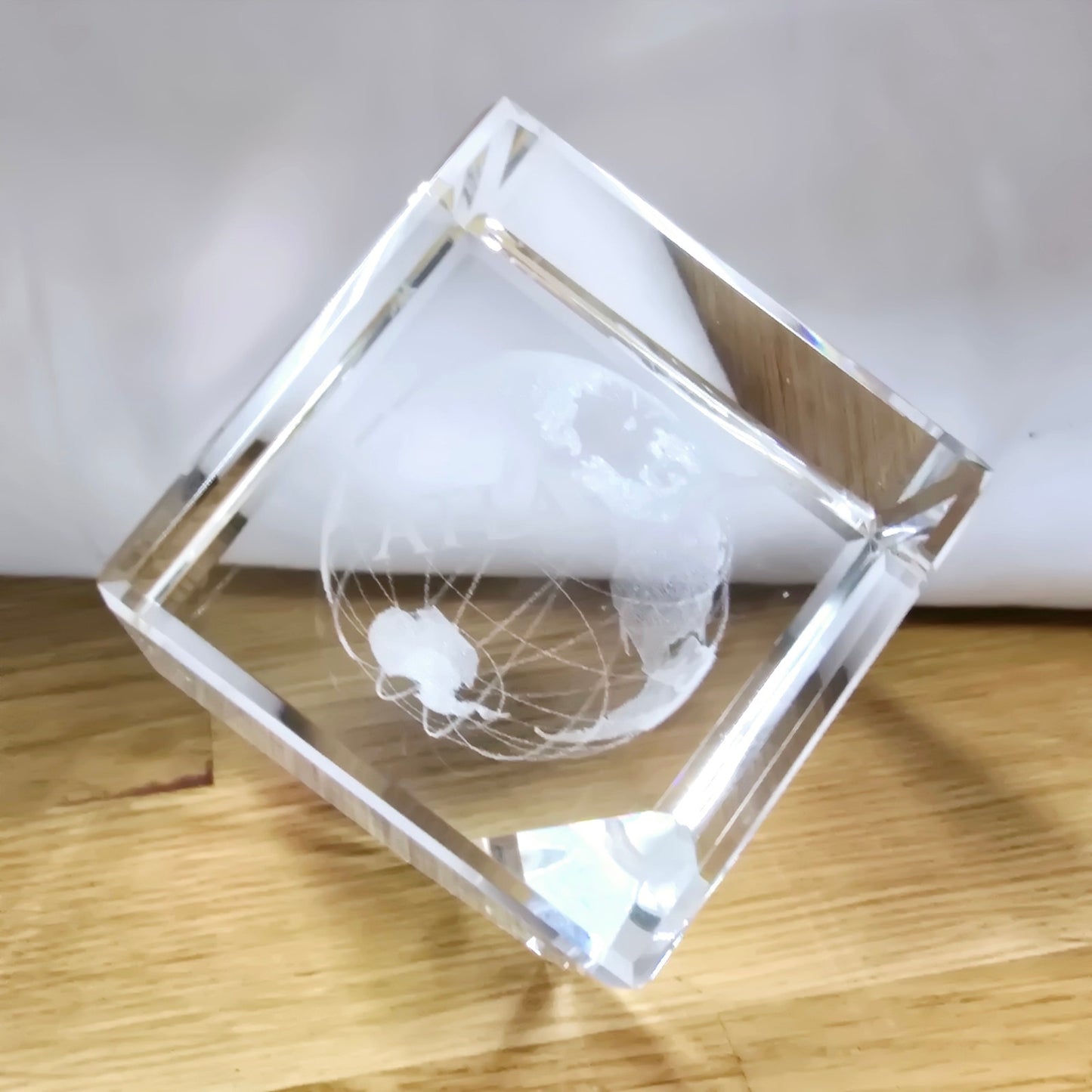 3D Laser Etched Globe Crystal Glass Cube Paperweight, Marked "Atlas"